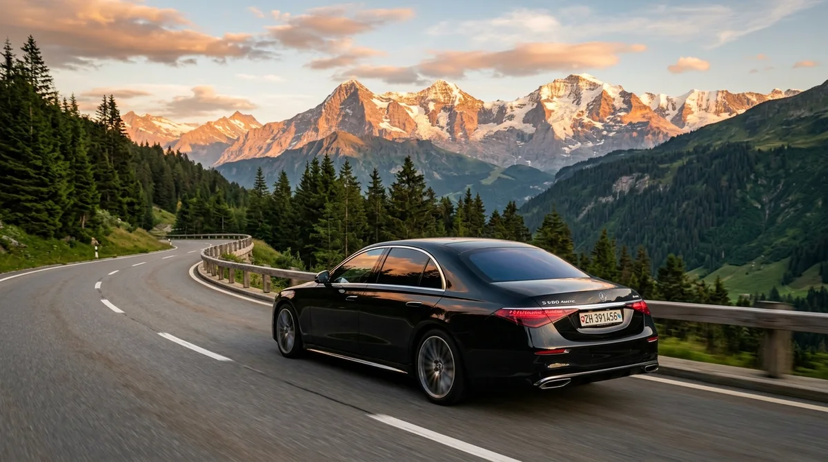 Mercedes nera su strada alpina svizzera