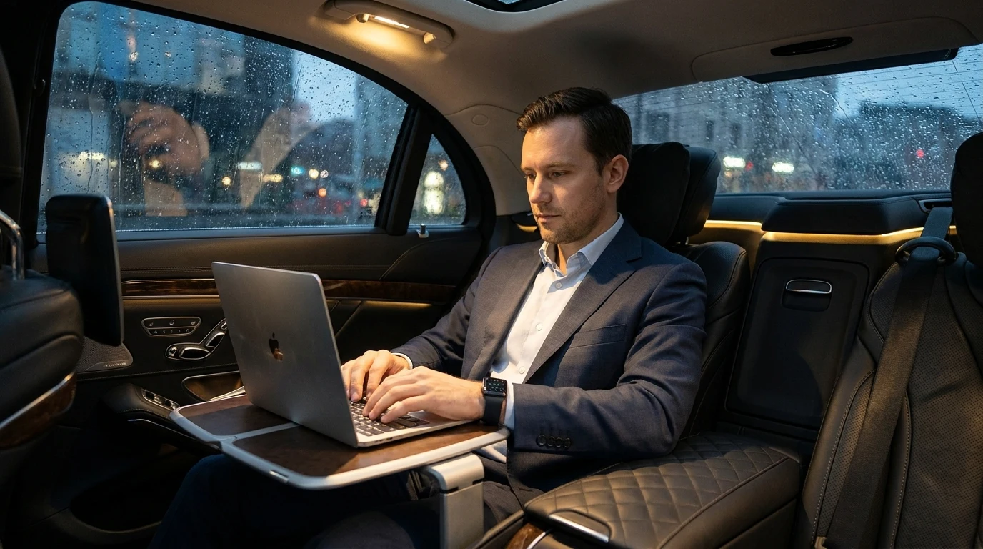 Cliente al lavoro a bordo di una Mercedes Swiss NCC